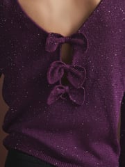 Red Burgundy Berry Sequin Embellished Sparkle Bow Back Knitted Jumper - Image 4 of 7