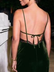 Olive Green Rochelle Velvet Lace Trim Cami Midi Dress - Image 3 of 8