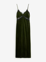 Olive Green Rochelle Velvet Lace Trim Cami Midi Dress - Image 6 of 8