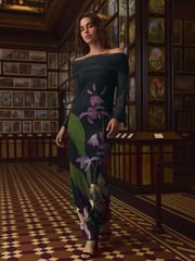 Black/Purple Floral Kew Collection Mesh Bardot Maxi Dress - Image 1 of 7