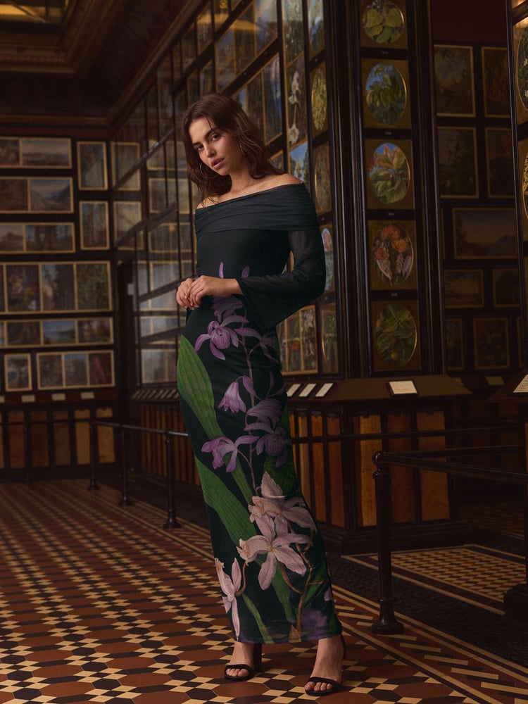 Black/Purple Floral Kew Collection Mesh Bardot Maxi Dress - Image 2 of 7