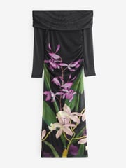 Black/Purple Floral Kew Collection Mesh Bardot Maxi Dress - Image 5 of 7
