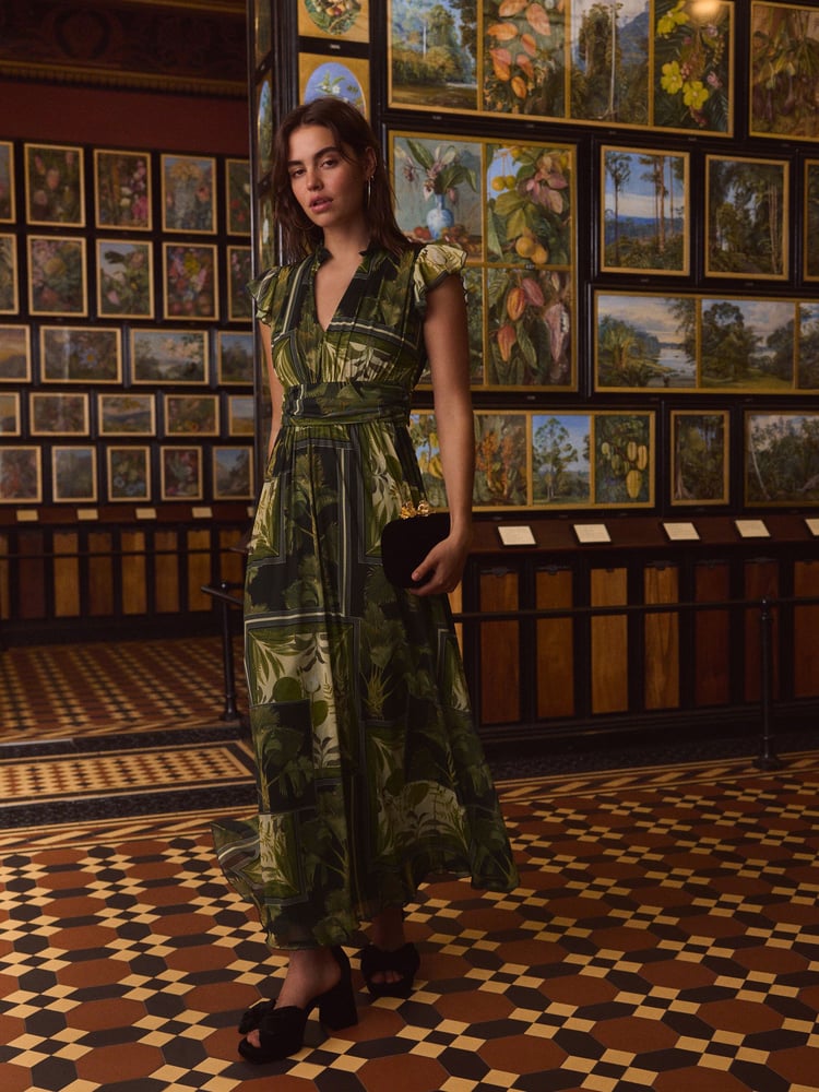 Kew Gardens Green Floral Pleated Mesh Print V-Neck Occasion Midi Dress - Image 1 of 7