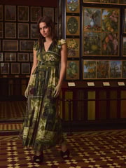 Kew Gardens Green Floral Pleated Mesh Print V-Neck Occasion Midi Dress - Image 2 of 7