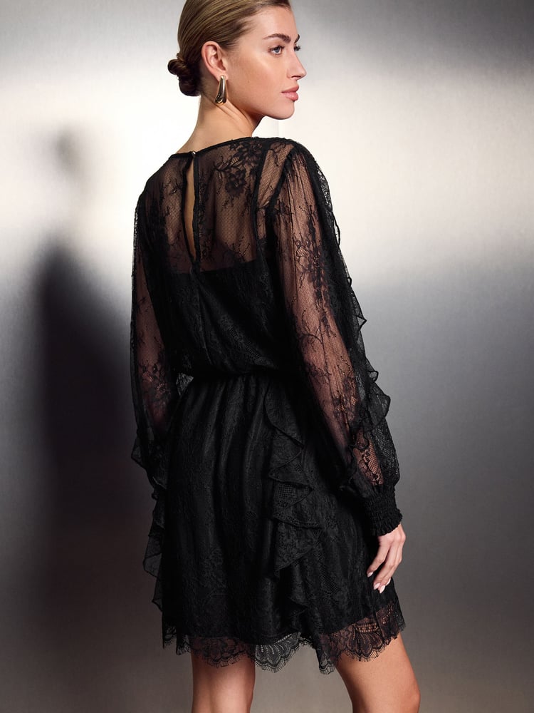 Black Long Sleeve Lace Ruffle Detail Mini Dress - Image 2 of 7