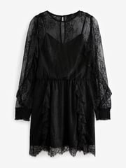 Black Long Sleeve Lace Ruffle Detail Mini Dress - Image 5 of 7