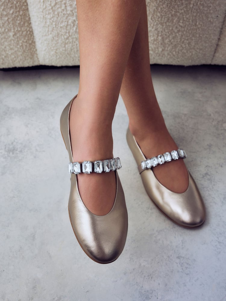 Gold Signature Leather Jewel Strap Mary Jane Shoes - Image 2 of 5