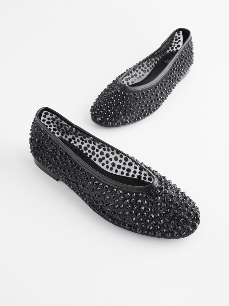Black Forever Comfort® Round Toe Mesh Jewel Ballerinas Shoes - Image 1 of 3