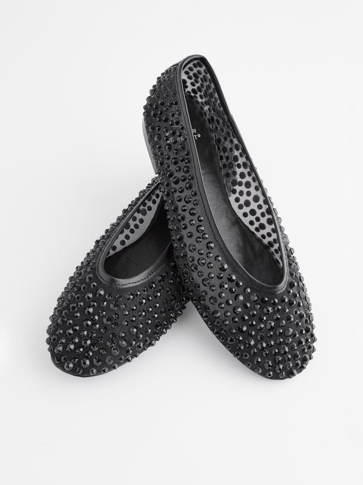 Black Forever Comfort® Round Toe Mesh Jewel Ballerinas Shoes - Image 2 of 3