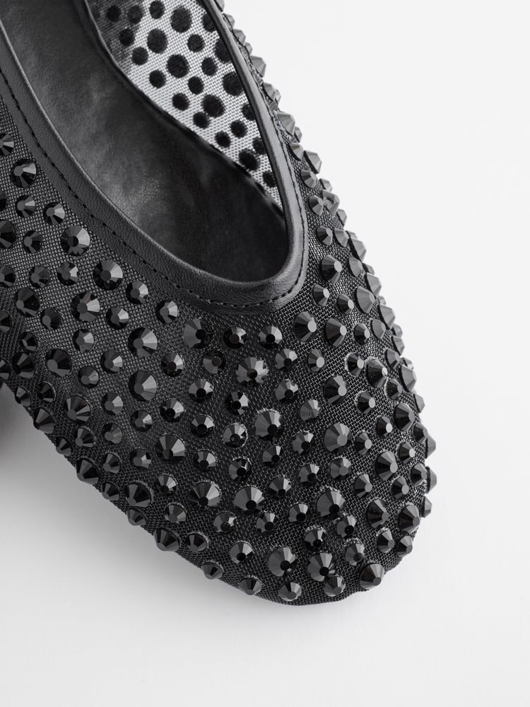 Black Forever Comfort® Round Toe Mesh Jewel Ballerinas Shoes - Image 3 of 3