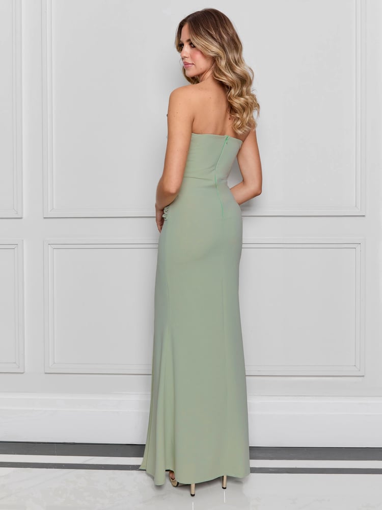 Sistaglam Green Bardot Maxi Dress with Pleated Detaling and High Split - Image 4 of 4