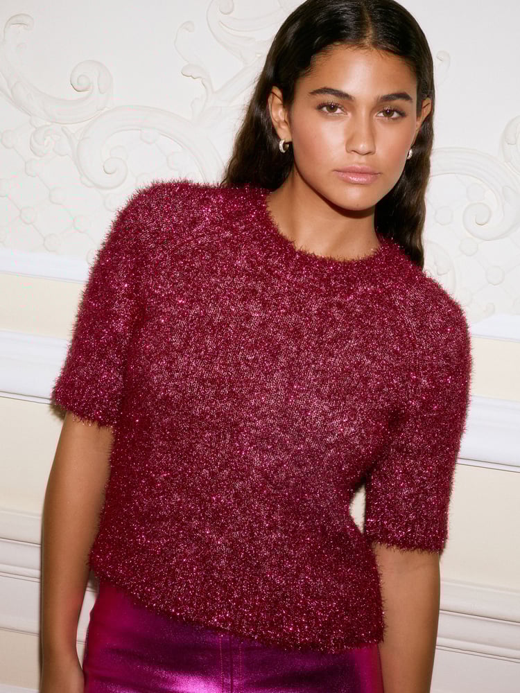 Pink Sparkle Tinsel Short Sleeve Knitted T-Shirt Jumper - Image 1 of 8