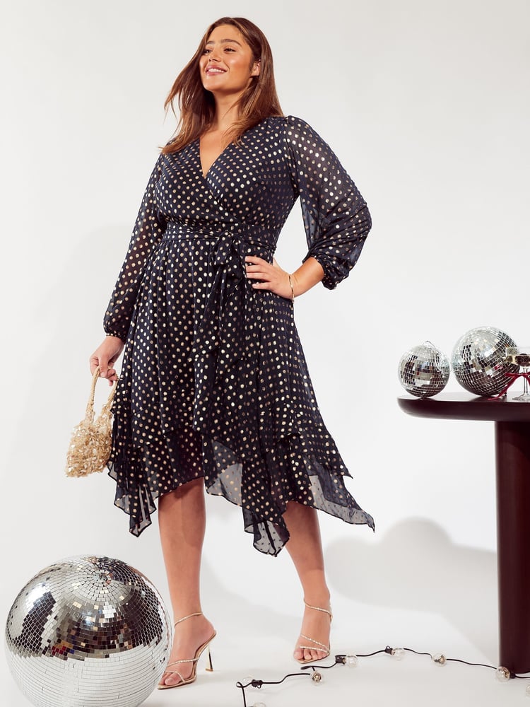 Friends Like These Navy Blue Curve Printed Wrap Midi Dress - Image 1 of 4