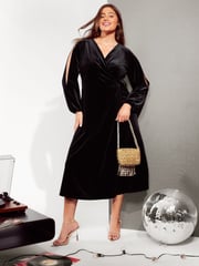 Friends Like These Black Curve Long Sleeve Velvet Wrap Midi Dress - Image 1 of 4
