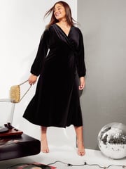 Friends Like These Black Curve Long Sleeve Velvet Wrap Midi Dress - Image 4 of 4