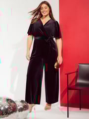 Friends Like These Black Curve Velvet Wrap Jumpsuit - Image 1 of 4