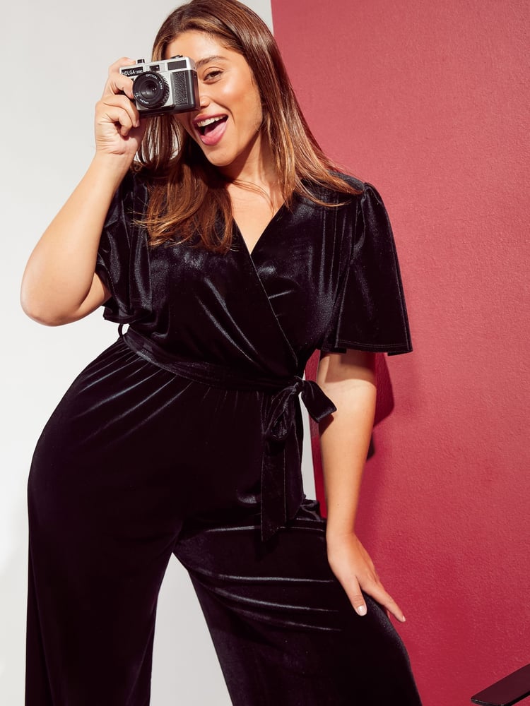 Friends Like These Black Curve Velvet Wrap Jumpsuit - Image 2 of 4