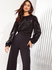 Friends Like These Black Sequin 2in1 Scuba Belted Jumpsuit - Image 2 of 4