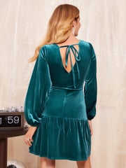 Friends Like These Blue Long Sleeve Ruched Waist Velvet Mini Dress - Image 2 of 4