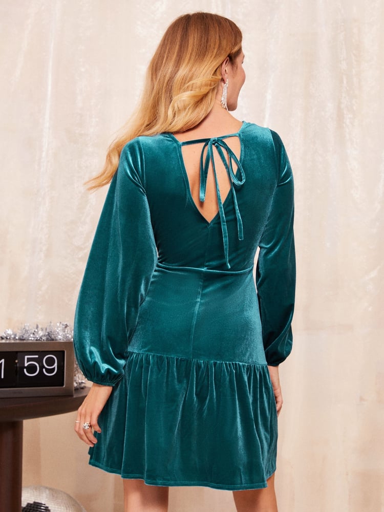 Friends Like These Blue Long Sleeve Ruched Waist Velvet Mini Dress - Image 2 of 4