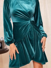 Friends Like These Blue Long Sleeve Ruched Waist Velvet Mini Dress - Image 4 of 4