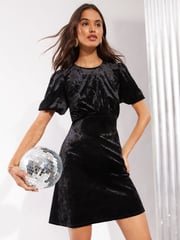 Friends Like These Black Velvet Bow Back Puff Sleeve Mini Dress - Image 1 of 4