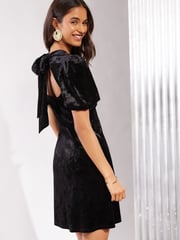 Friends Like These Black Velvet Bow Back Puff Sleeve Mini Dress - Image 4 of 4