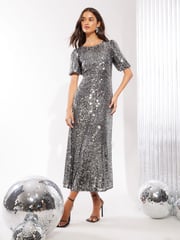 Friends Like These Silver Sequin Tie Back Puff Sleeve Empire Maxi Dress - Image 1 of 4