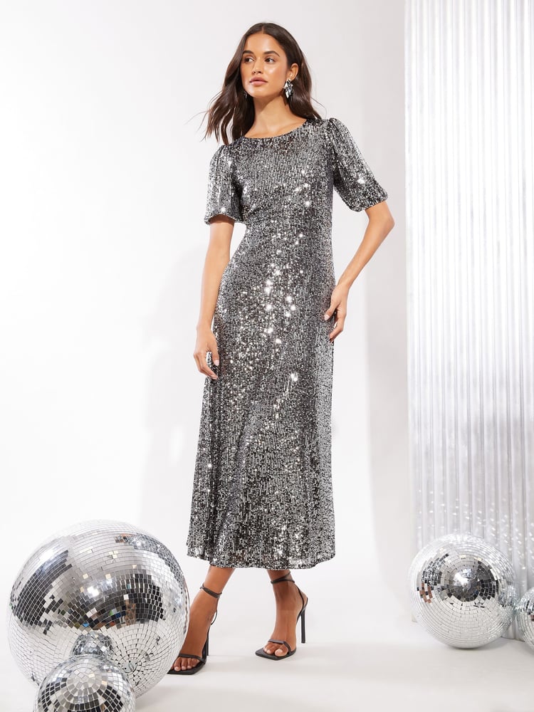 Friends Like These Silver Sequin Tie Back Puff Sleeve Empire Maxi Dress - Image 1 of 4