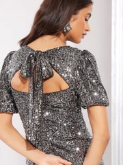 Friends Like These Silver Sequin Tie Back Puff Sleeve Empire Maxi Dress - Image 2 of 4