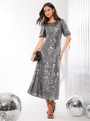 Friends Like These Silver Sequin Tie Back Puff Sleeve Empire Maxi Dress - Image 3 of 4