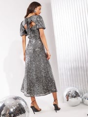 Friends Like These Silver Sequin Tie Back Puff Sleeve Empire Maxi Dress - Image 4 of 4