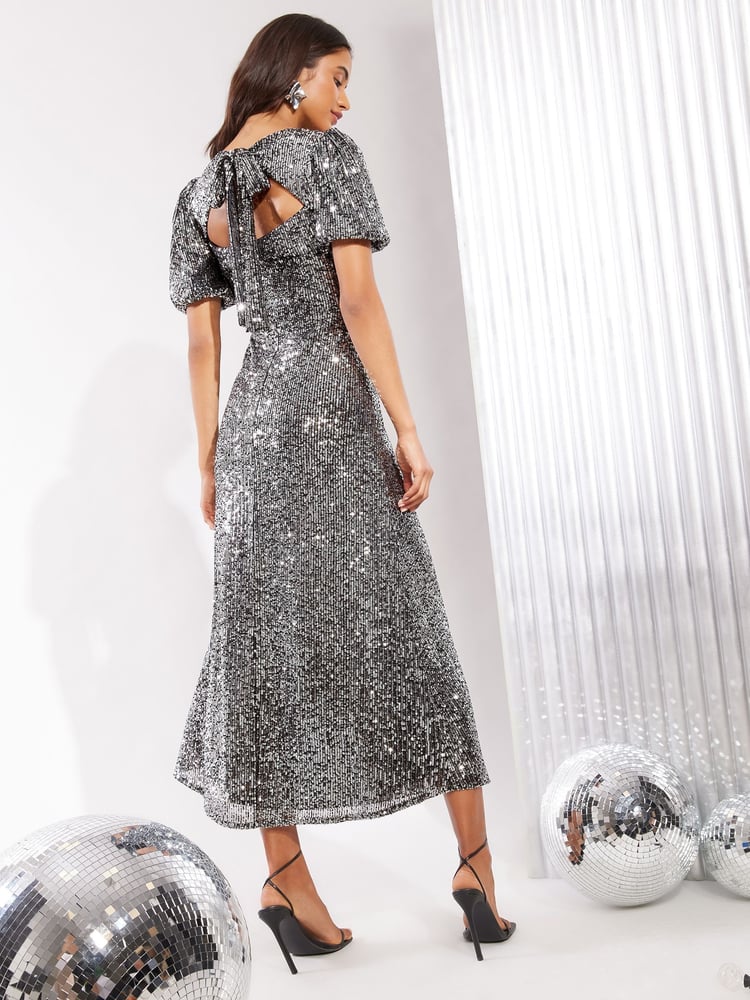 Friends Like These Silver Sequin Tie Back Puff Sleeve Empire Maxi Dress - Image 4 of 4