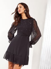 Friends Like These Black Diamonte Detail Chiffon Mini Dress - Image 1 of 4