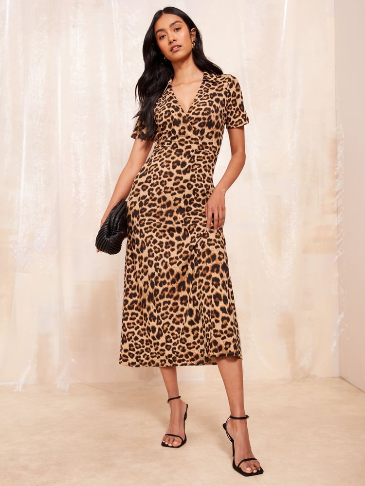 Friends Like These Leopard Animal Print Petite Short Sleeve Wrap Style Midi Dress With Collar - Image 1 of 4