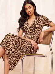 Friends Like These Leopard Animal Print Petite Short Sleeve Wrap Style Midi Dress With Collar - Image 3 of 4