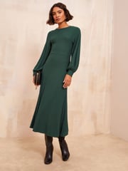 Friends Like These Khaki Green Long Sleeve Rib Batwing Midi Dress - Image 1 of 4
