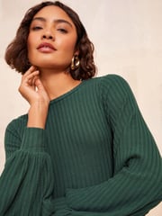 Friends Like These Khaki Green Long Sleeve Rib Batwing Midi Dress - Image 2 of 4