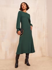 Friends Like These Khaki Green Long Sleeve Rib Batwing Midi Dress - Image 3 of 4