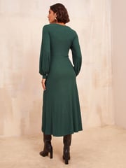 Friends Like These Khaki Green Long Sleeve Rib Batwing Midi Dress - Image 4 of 4