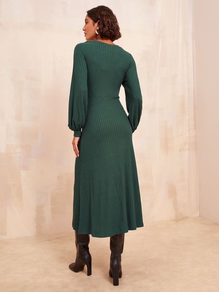 Friends Like These Khaki Green Long Sleeve Rib Batwing Midi Dress - Image 4 of 4