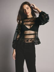 Black Sheer Lace High Neck Blouse - Image 1 of 8