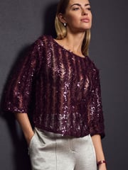 Red Burgundy Sequin Sheer Fluffy Quarter Sleeve Top - Image 1 of 7