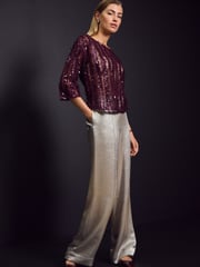 Red Burgundy Sequin Sheer Fluffy Quarter Sleeve Top - Image 2 of 7