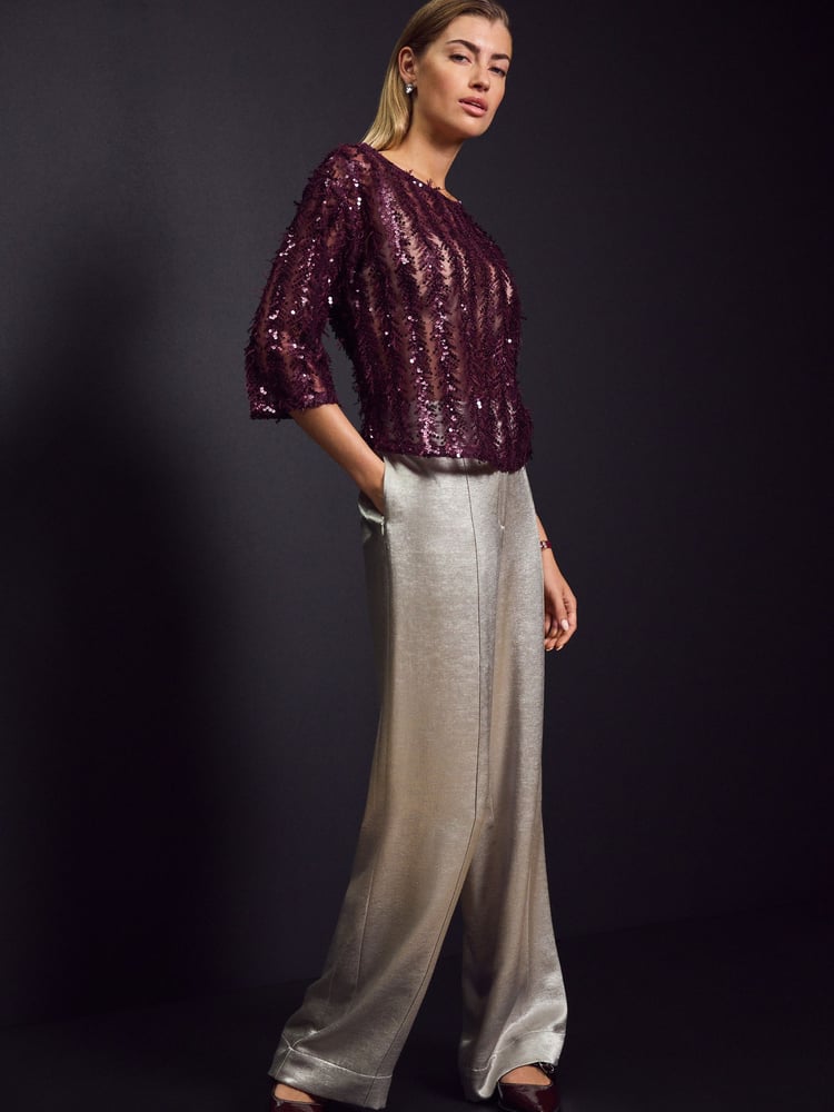 Red Burgundy Sequin Sheer Fluffy Quarter Sleeve Top - Image 2 of 7