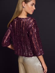 Red Burgundy Sequin Sheer Fluffy Quarter Sleeve Top - Image 3 of 7