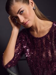 Red Burgundy Sequin Sheer Fluffy Quarter Sleeve Top - Image 4 of 7