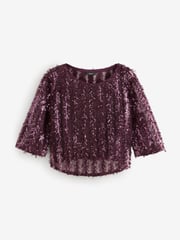 Red Burgundy Sequin Sheer Fluffy Quarter Sleeve Top - Image 5 of 7
