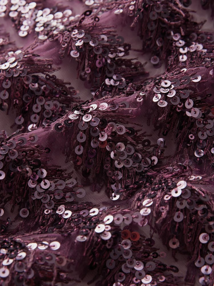 Red Burgundy Sequin Sheer Fluffy Quarter Sleeve Top - Image 7 of 7