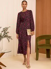 Love & Roses Brown Animal Printed Satin Twist Long Sleeve Midi Dress - Image 1 of 4